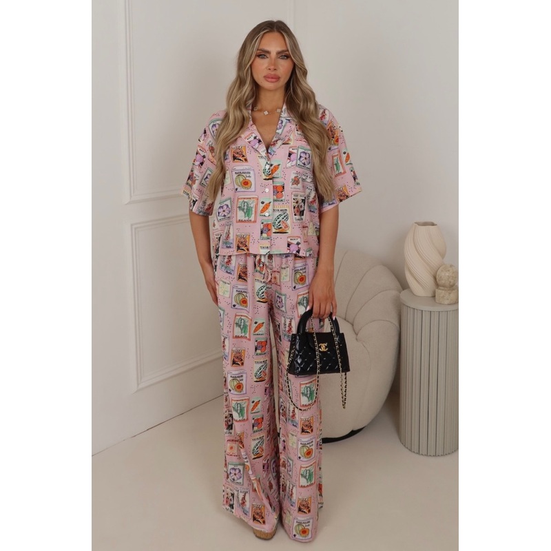 Riley pink fruit print shirt & trouser co ord