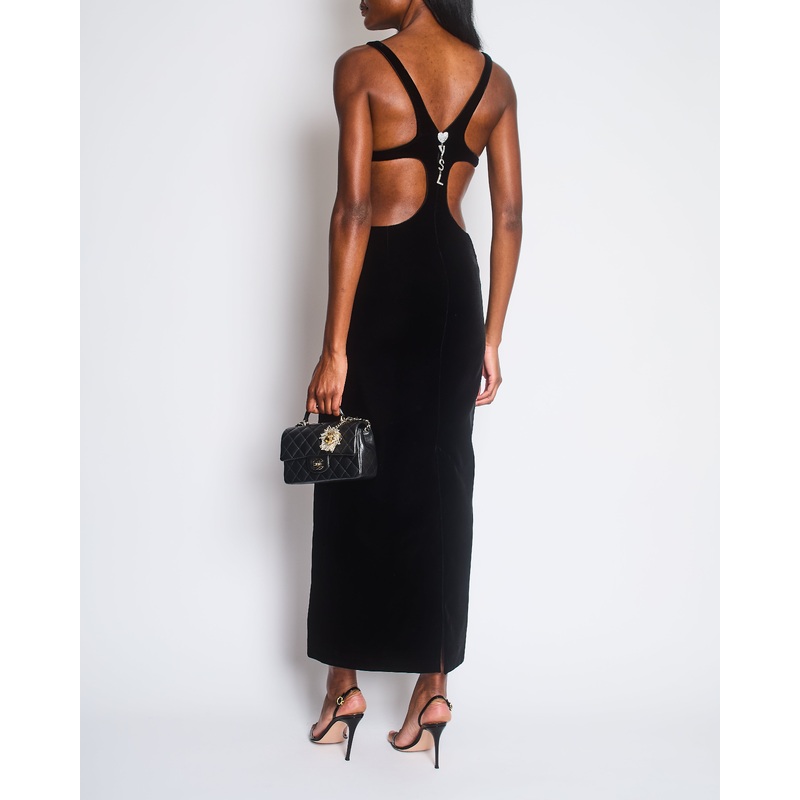 Saint Laurent Black Velvet Cutout Midi Dress with Logo and Heart Charm Embellishment Size FR 36 (UK 8) RRP 2476