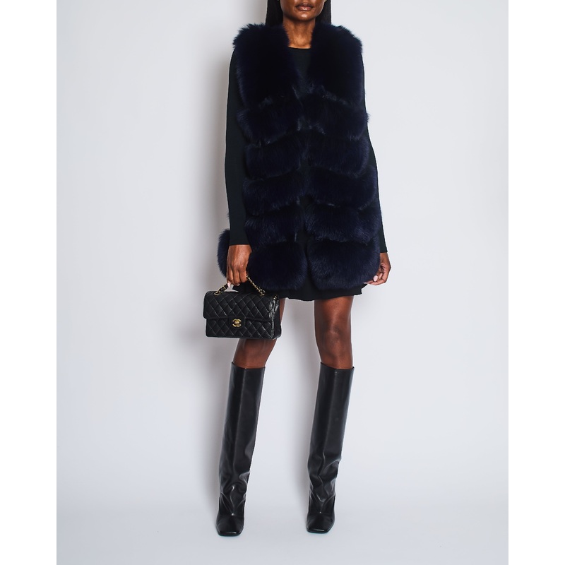 Sam-Rone Navy Fox Fur Gilet with Astrakhan Panel Detail Size M (UK 10)