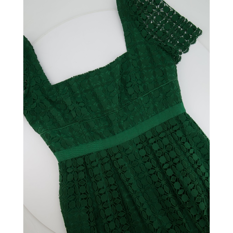 Self Portrait Green Lace Short Sleeved Midi Dress Size UK 14