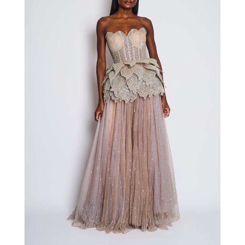 Sophie Couture Light Grey Hand Beaded Strapless Bodice Gown with Silver Leaf Embellishments  IT 40 (UK 8)