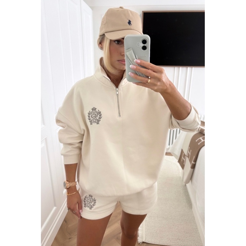 St Moritz ivory & taupe embroidered oversized 3/4 sweater shorts loungewear