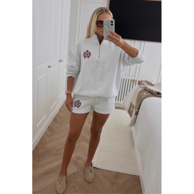 St Moritz light grey marl & burgundy embroidered oversized 3/4 sweater shorts loungewear