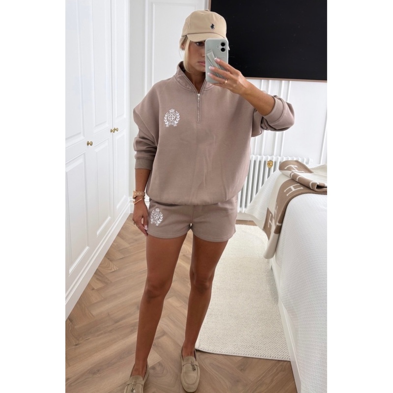 St Moritz mocha & white embroidered oversized 3/4 sweater shorts loungewear