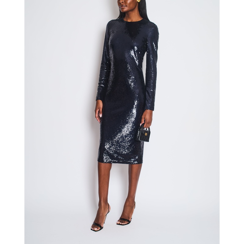 Tom Ford Dark Navy Sequin Round Neck Long Sleeve Midi Dress Size IT 42 (UK 10)