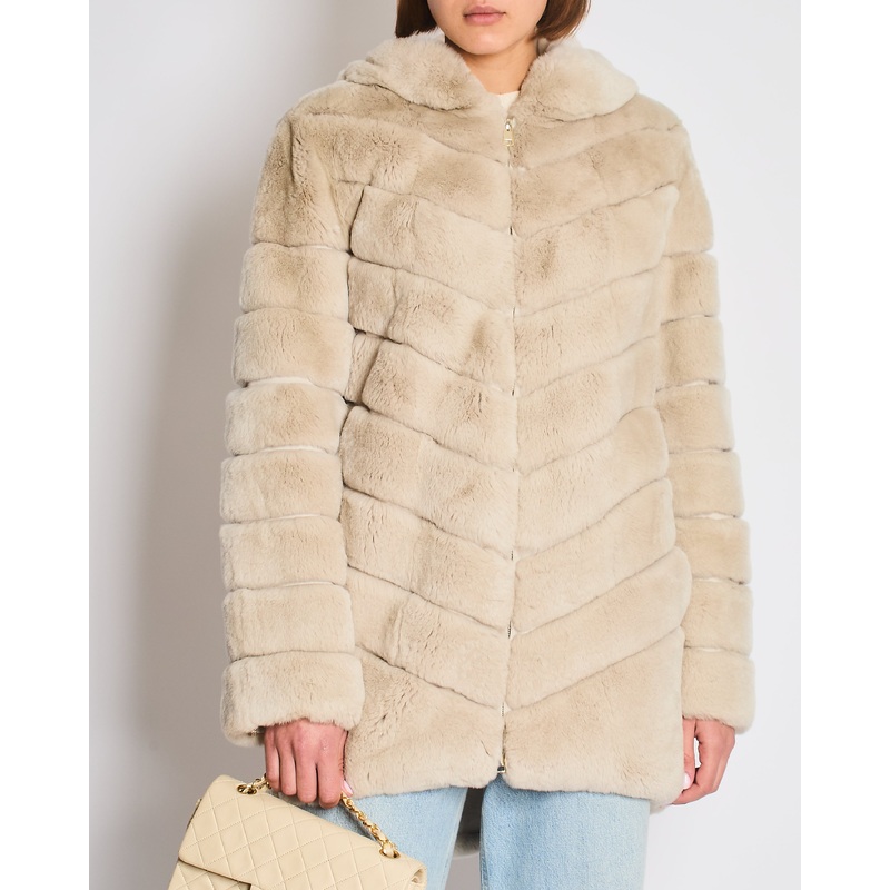 Unbranded Beige Rex Rabbit Hooded Fur Coat Size FR 38 (UK 10)