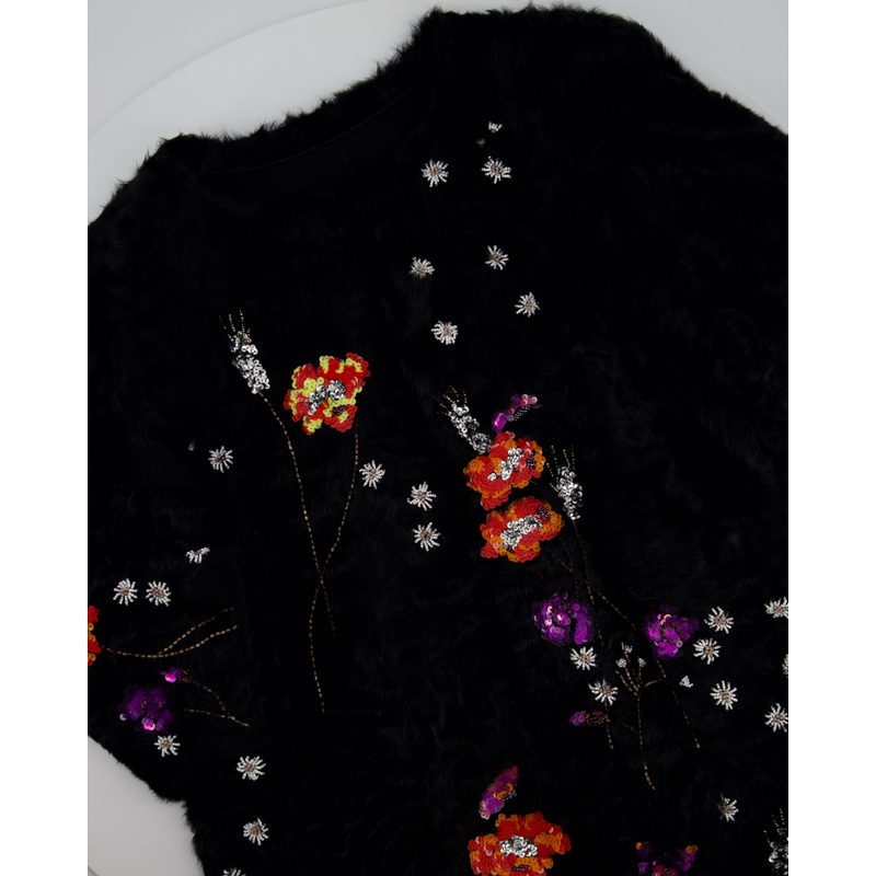 Valentino Black Shearling Long Sleeve Coat with Floral Sequin Embellishments IT 40 (UK 8)