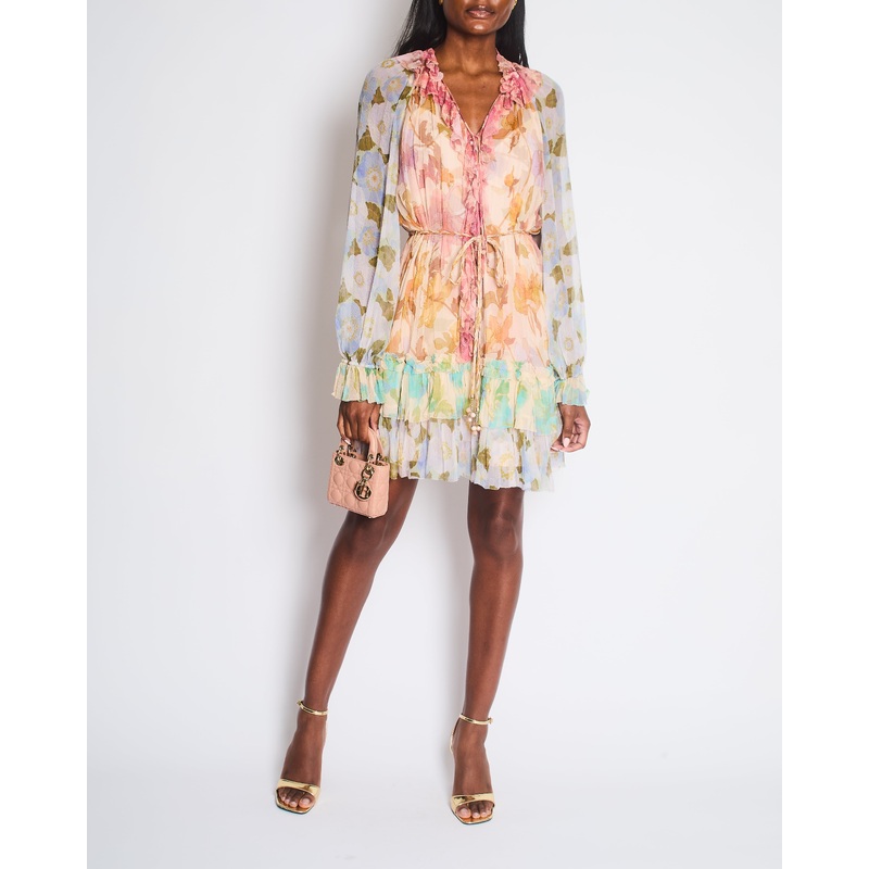 Zimmermann Pink and Light Blue Floral Mini Dress with Ruffle Details and Braided Belt Size 3 (UK 14)