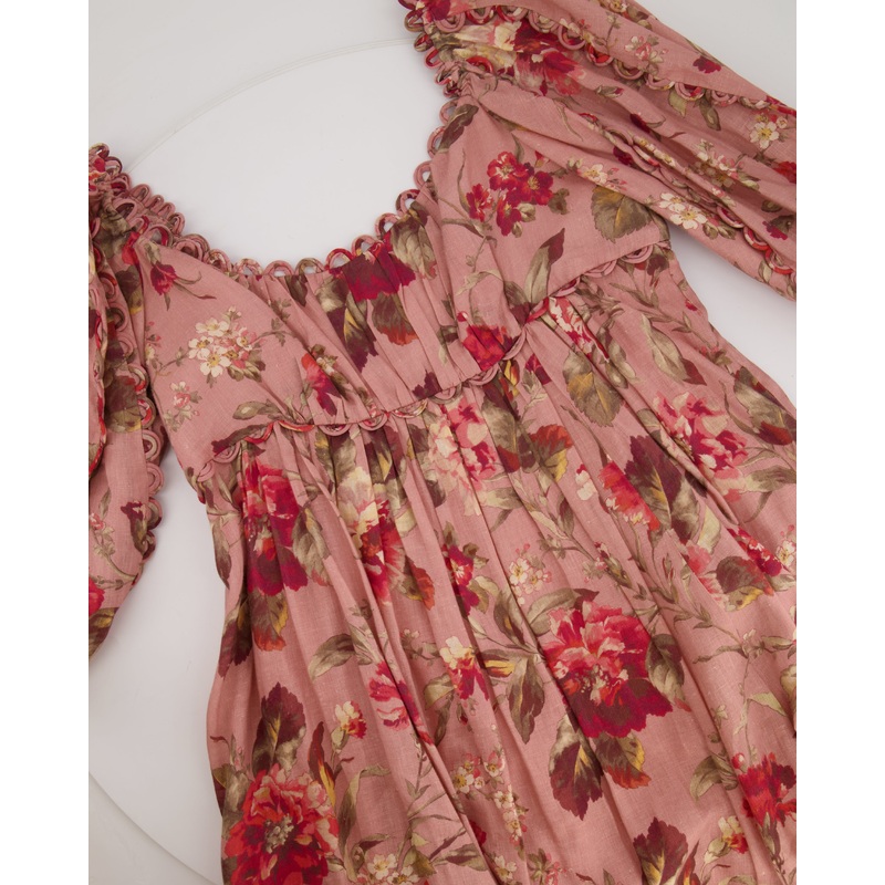 Zimmermann Pink Floral Mini Dress with Puff Sleeves and Scalloped Trim Detail Size 4 (UK 16)