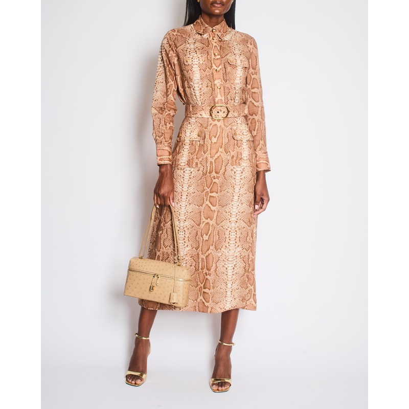 Zimmermann Tan Natura Linen Snake Print Shirt and A-Line Midi Belted Skirt with Pocket Detail Size 1 (UK 10)