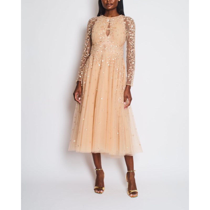 Zuhair Murad Pastel Pink Long Sleeve Embellished Mesh Gown with Open Back Detail Size FR 40 (UK 12)