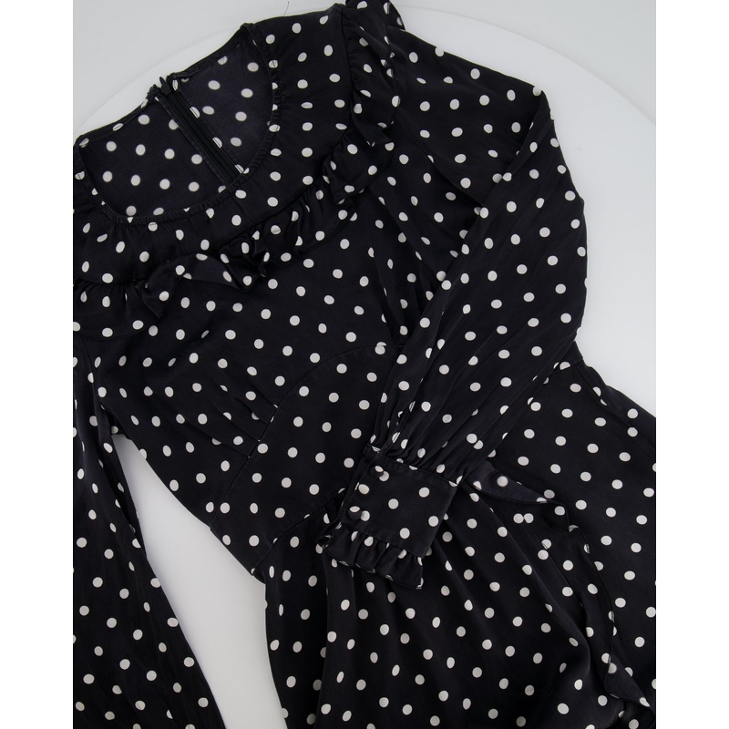 Alessandra Rich Black and White Silk Polkadot Midi Dress with Ruffle Details Size IT 42 (UK 10)