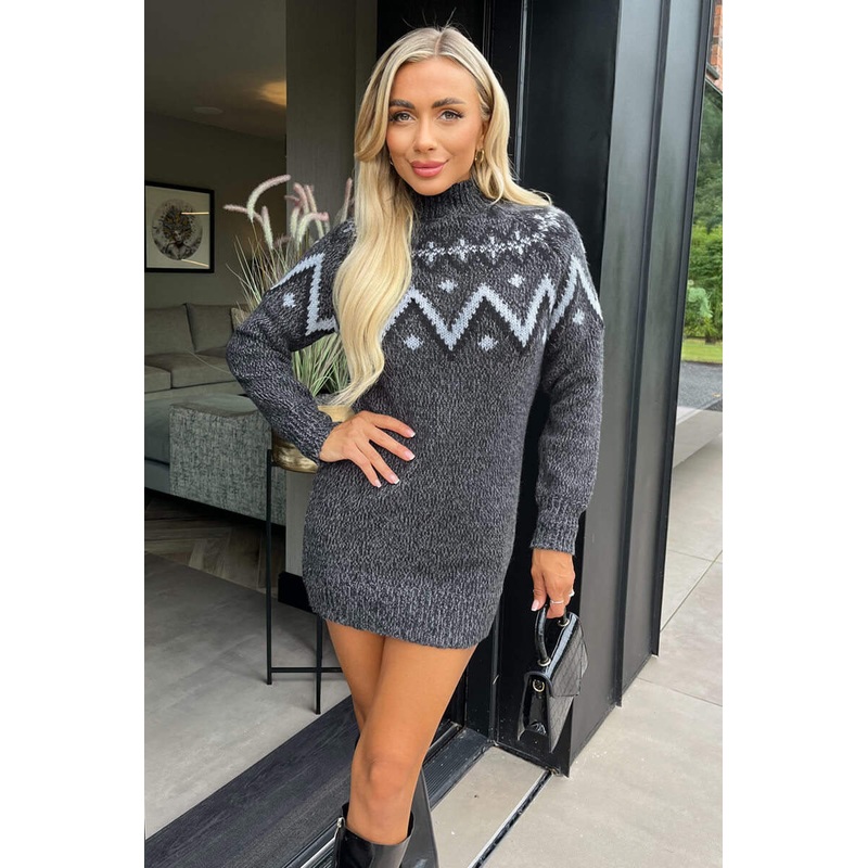 Anthracite Fairisle Mock Neck Knitted Dress