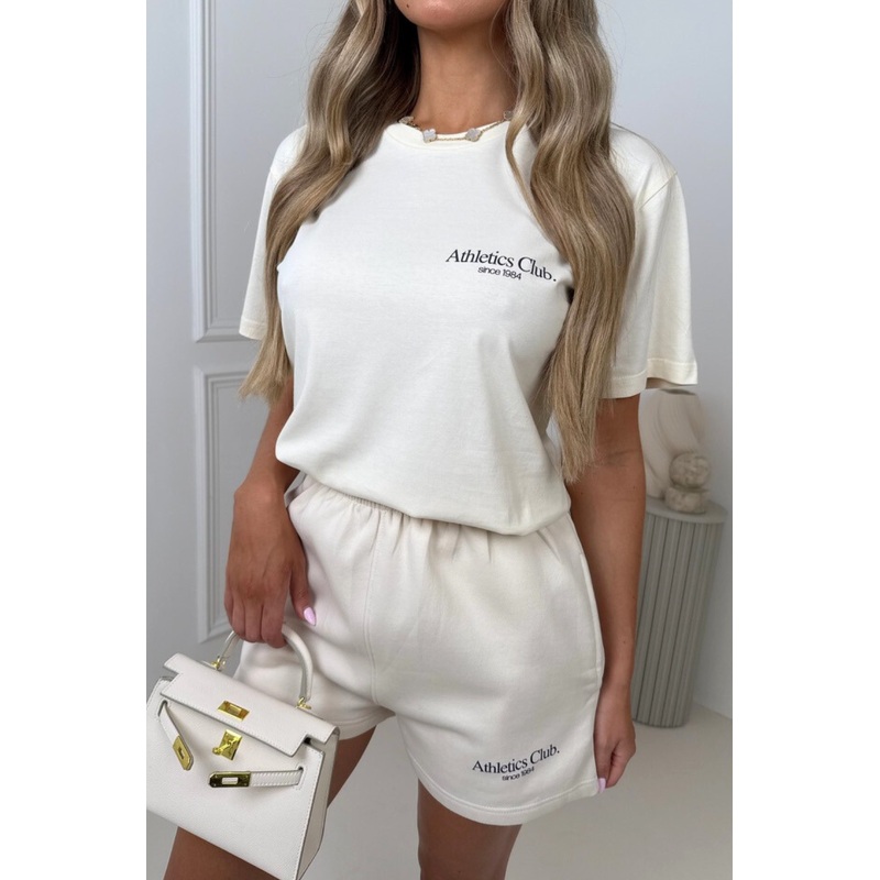 Athletics club ecru & blue printed t-shirt and ivory shorts co-ord
