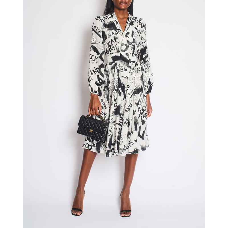 Dolce & Gabbana Black and White Graffiti Print Silk Dress Size IT 38 (UK 6)