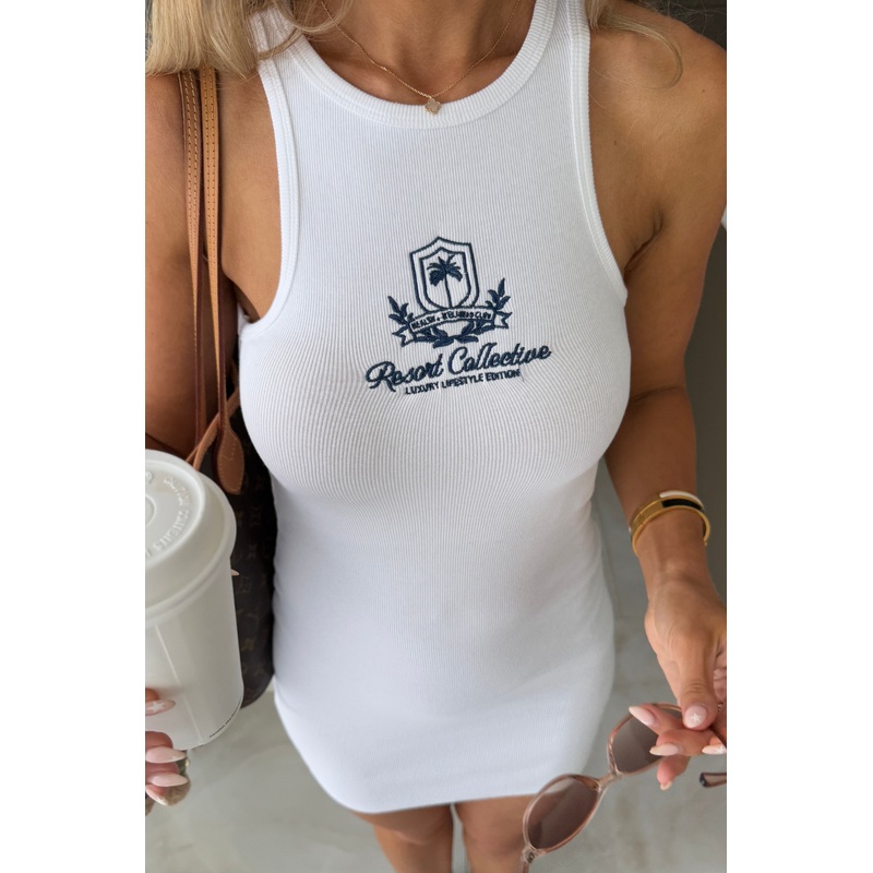 Emblem white embroidered ribbed mini dress - Resort Collective