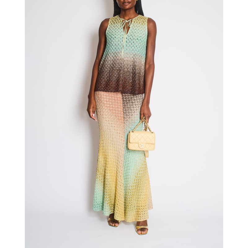 Missoni Multi-Colour Pastel Blue and Orange Metallic Crochet Knit Maxi Skirt and Top Set Size IT 40 (UK 8)
