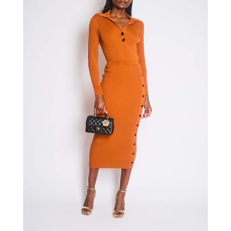 Self Portrait Burnt Orange Ribbed Knit Maxi Dress with Black Buttons Size UK S (UK 8)