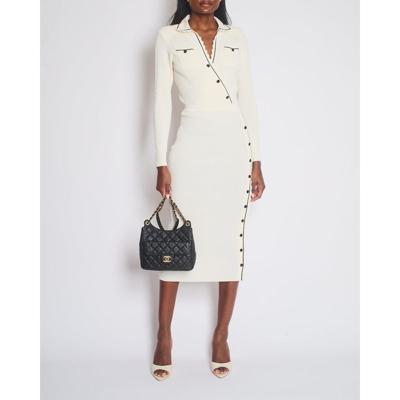 Self Portrait Cream and Black Contrast Stitch Ribbed Knit Maxi Dress with Black Buttons Size UK S (UK 8)