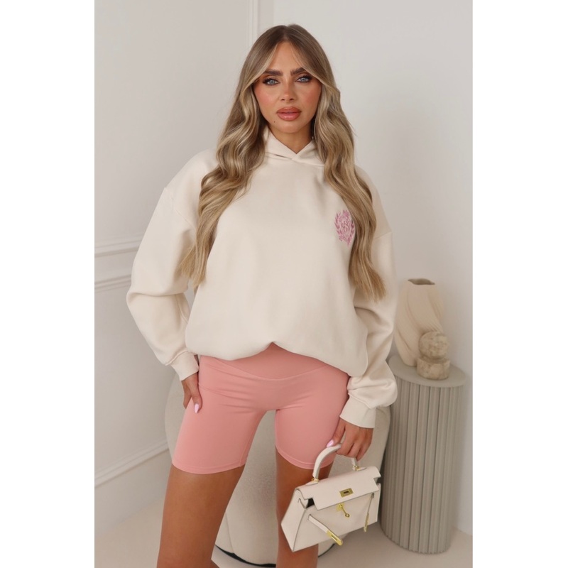 St Moritz ivory & pink embroidered relaxed hoodie cycling shorts co ord