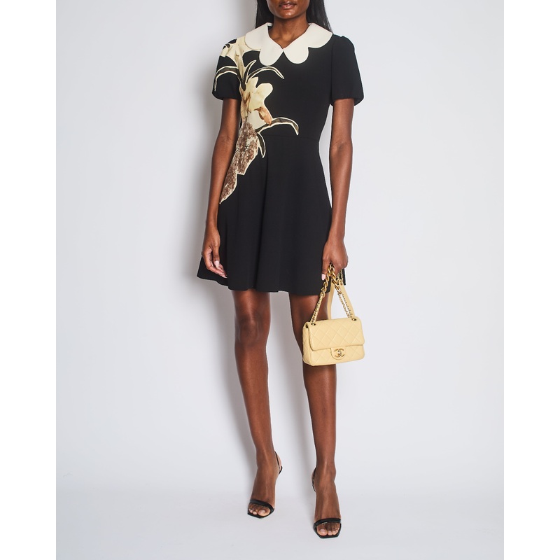 Valentino Black Short Sleeved Mini Dress with Floral Patch Detail and Cream Scalloped Collar Size IT 42 (UK 10)