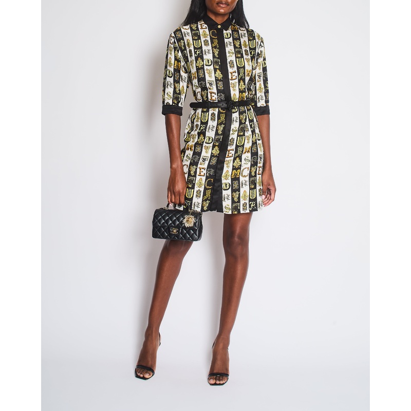 Versace White, Black and Yellow Silk Short Sleeve with Letter Print and Belt Size IT 38 (UK 6)