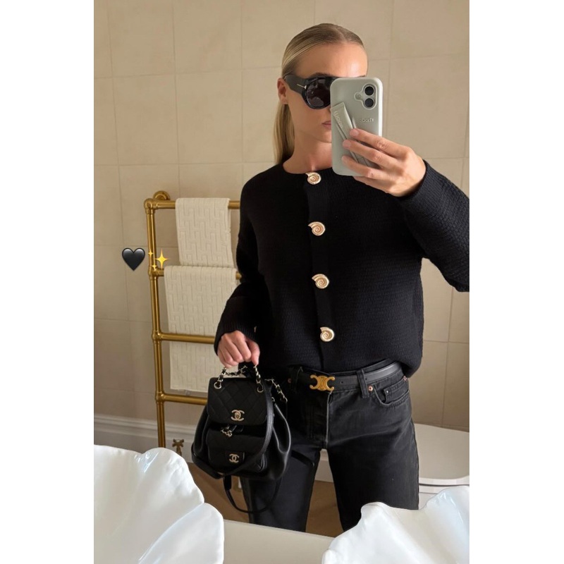 Annie black knit gold button cardigan