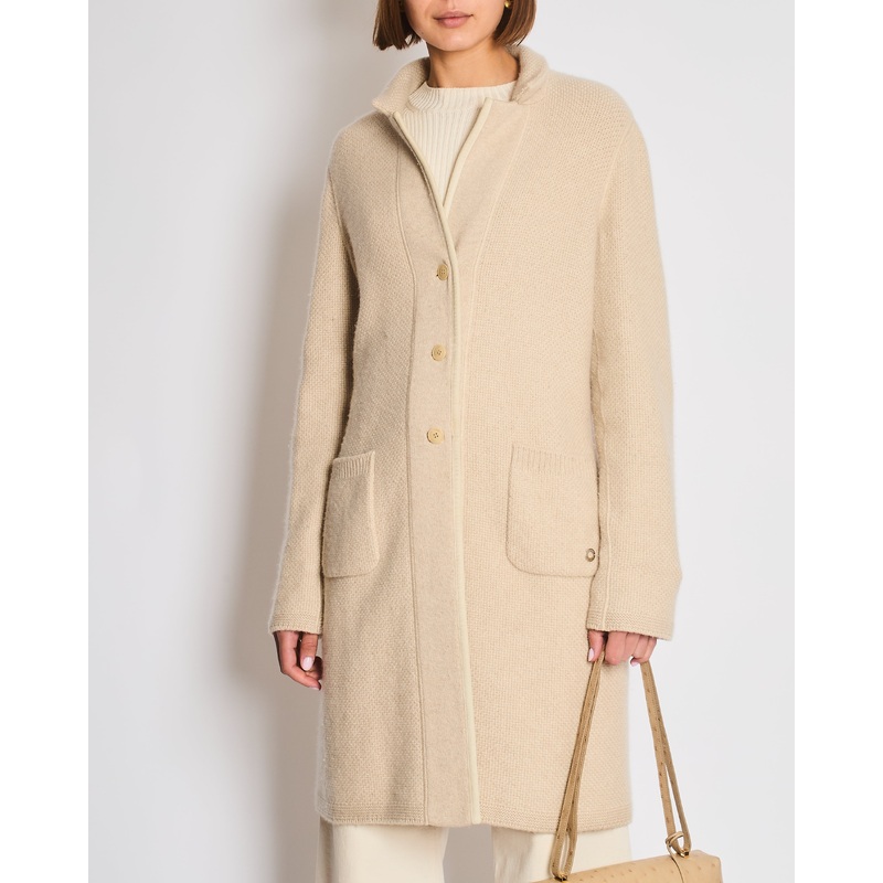 Loro Piana Beige Knitted Cashmere Long-Line Cardigan with Suede Trim Detail Size IT 44 (UK 12)
