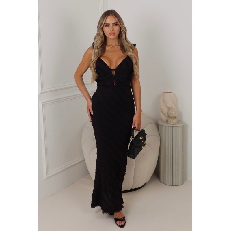 Maya black crinkle fishtail maxi dress