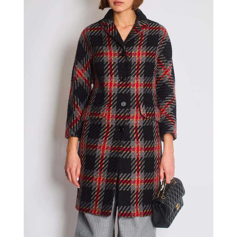 Miu Miu Grey, Black, Red, Camel Check Tweed Button Down Coat IT 38 (UK 6)