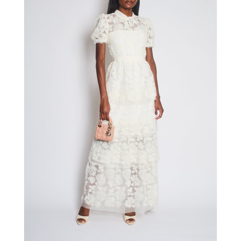 Self-Portrait White Ribbon Lace Tiered Maxi Dress in Size UK 8