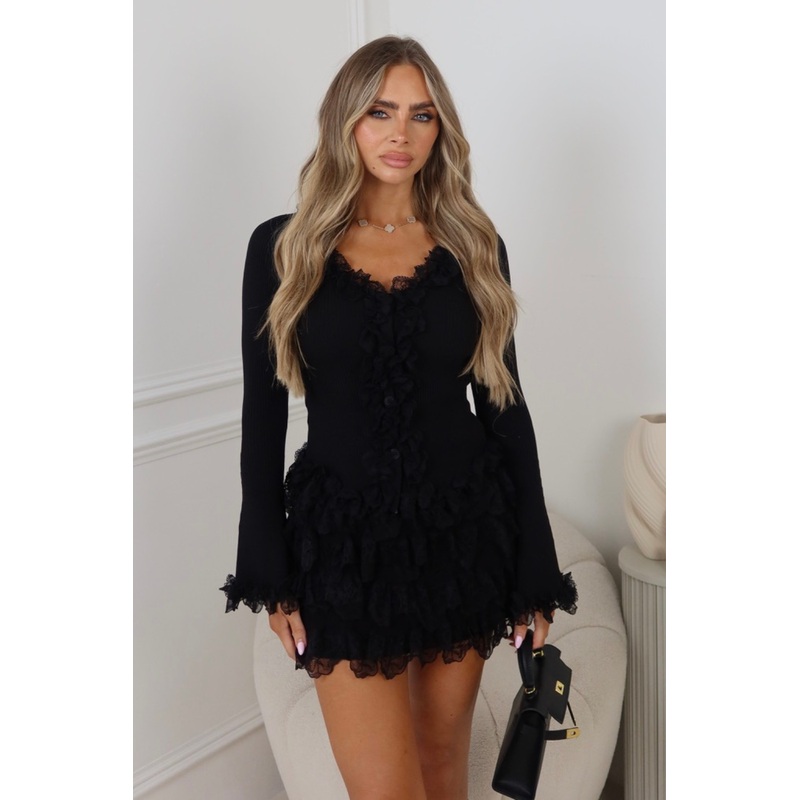 Skyler black knit lace top & ruffle mini skirt co ord