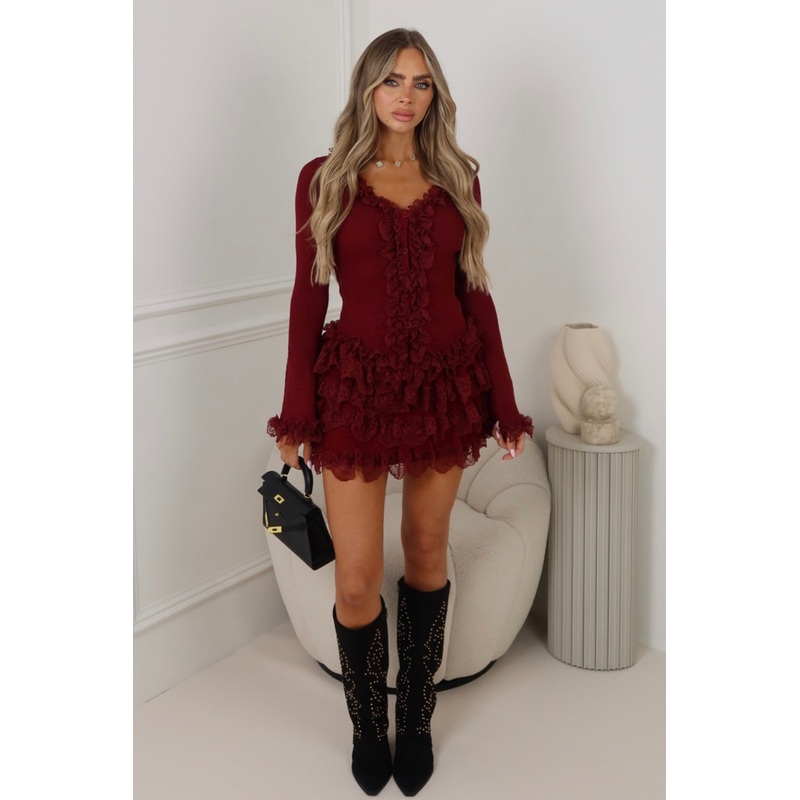 Skyler burgundy knit lace top & ruffle mini skirt co ord