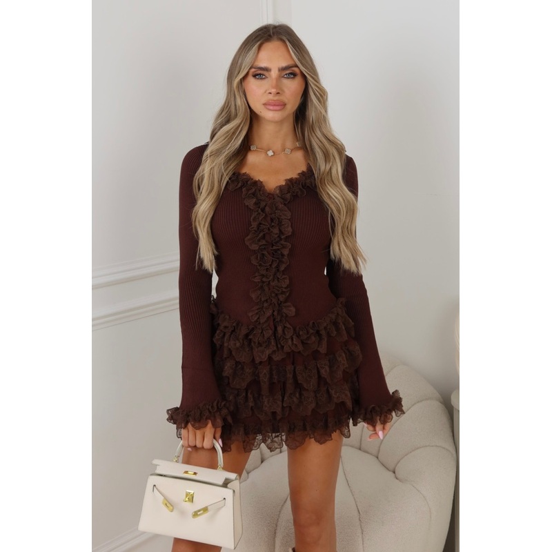 Skyler chocolate knit lace top & ruffle mini skirt co ord