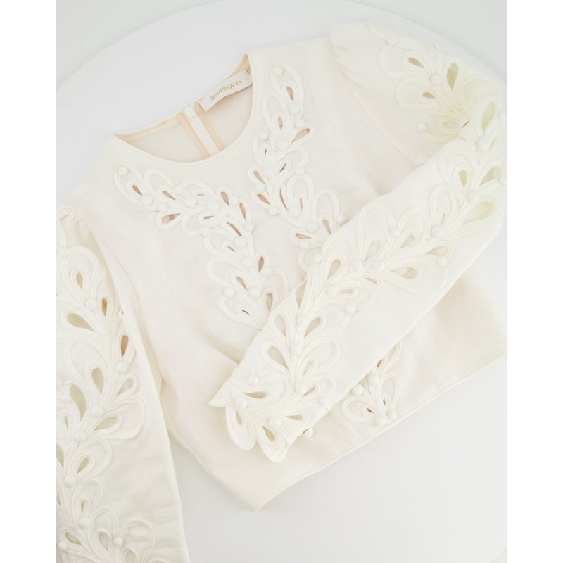 Zimmermann White Linen Long Sleeved Top with Embroideries and Bead Details Size 1 (UK 10)