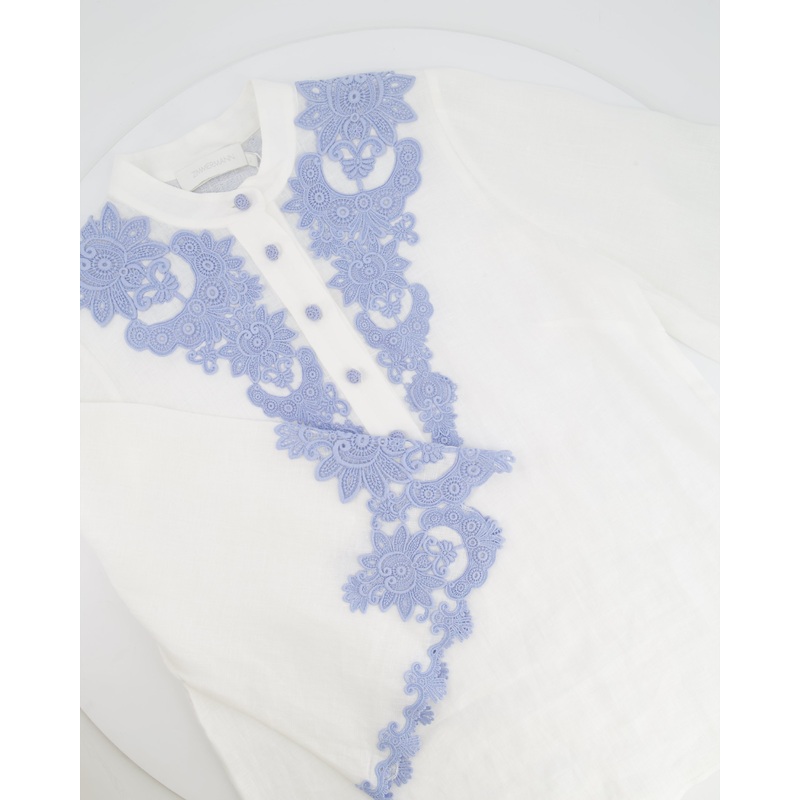 Zimmermann White Linen Raie Top with Light Blue Embroidered Lace Detail Size 2 (UK 12)