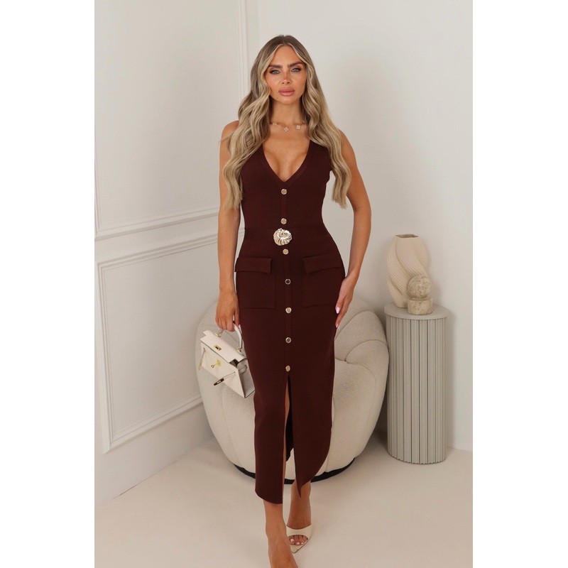 Alexis chocolate sleeveless belted midi dress
