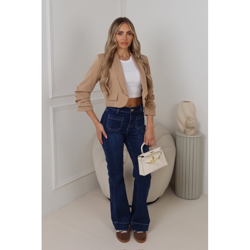 Bridget beige ruched sleeve cropped blazer