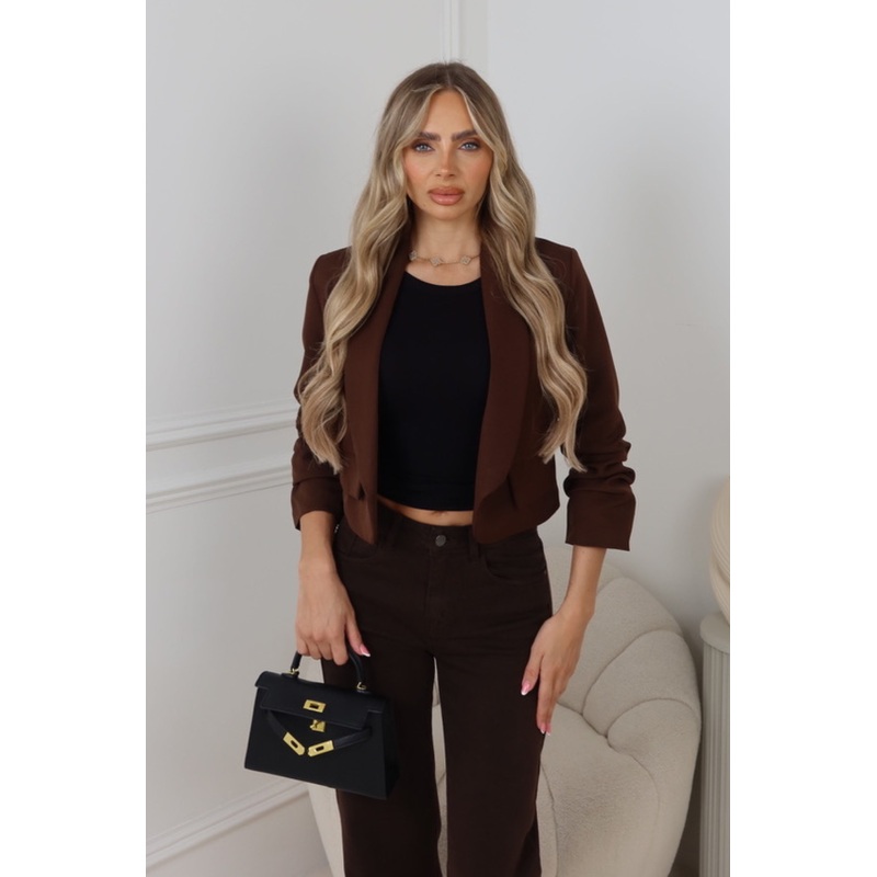 Bridget chocolate ruched sleeve cropped blazer