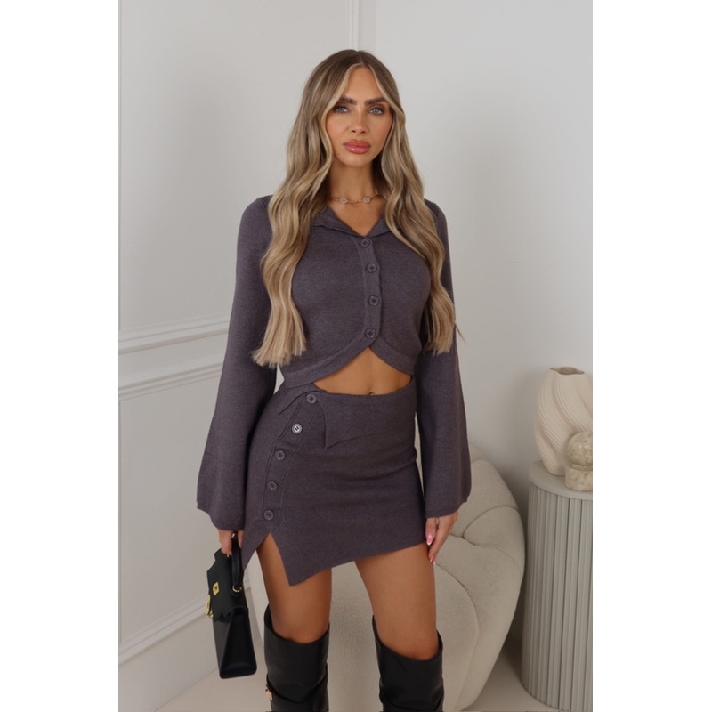 Lucy charcoal button up knit skirt co ord
