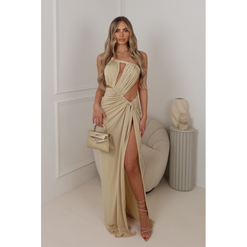 Pia cream asymmetric cut out split leg maxi dress
