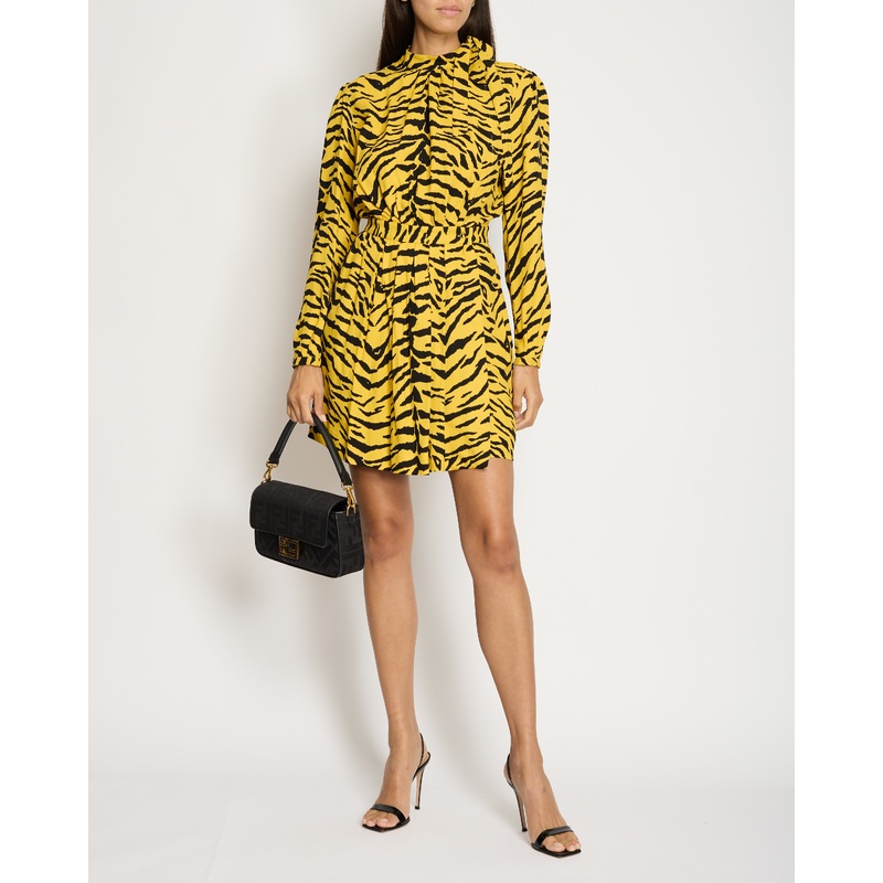 Saint Laurent Yellow, Black Zebra Print Long-Sleeve Mini Dress Size FR 36 (UK 8)