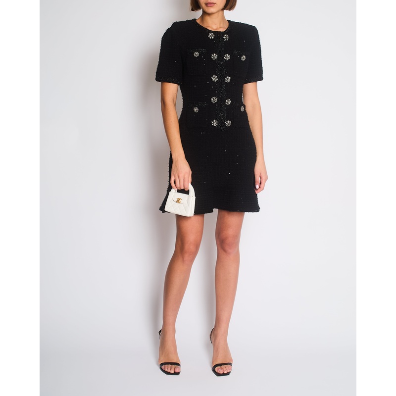 Self-Portrait Black Short Sleeve Tweed Midi Dress with Embellished Button Detail Size M (UK 12/14)