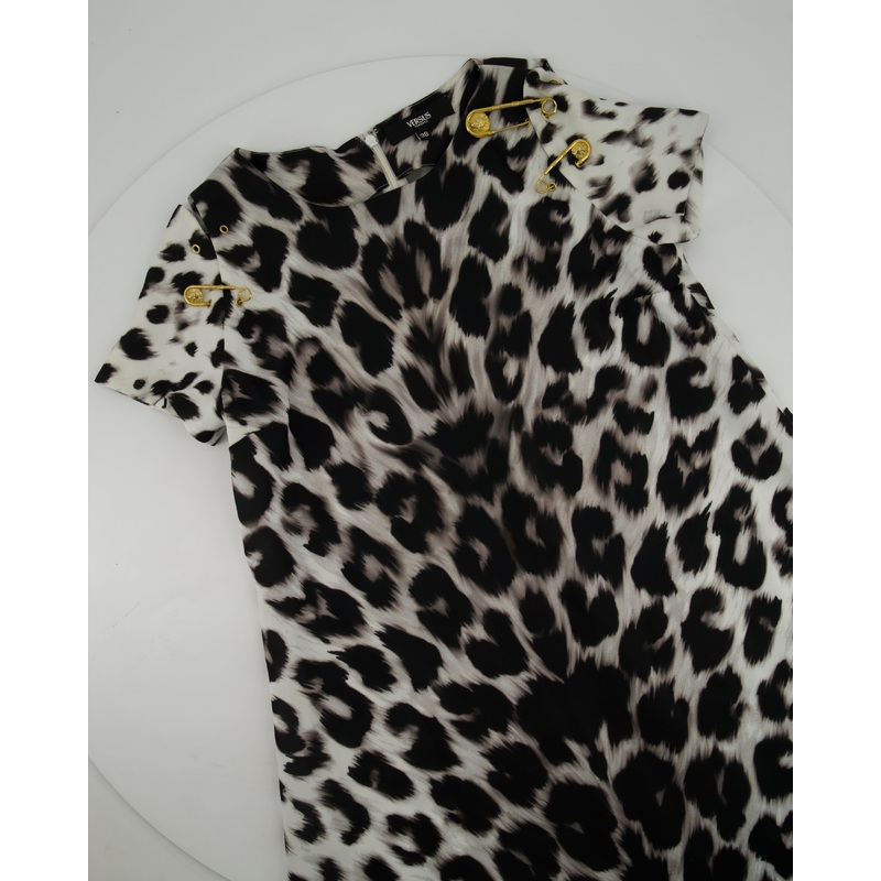 Versus Versace Black, White Leopard Print Dress with Gold Pin Detail Size IT 38 (UK 6)
