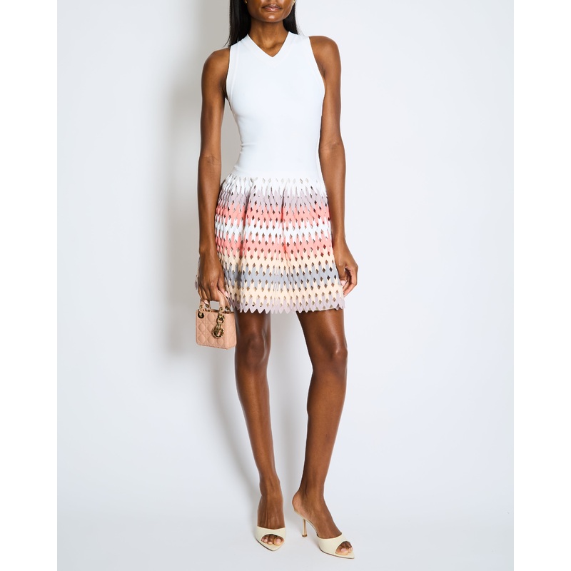Alaa White V Neck Knit Mini Dress with Laser Cut Multi-Coloured Skirt Size FR 36 (UK 8)