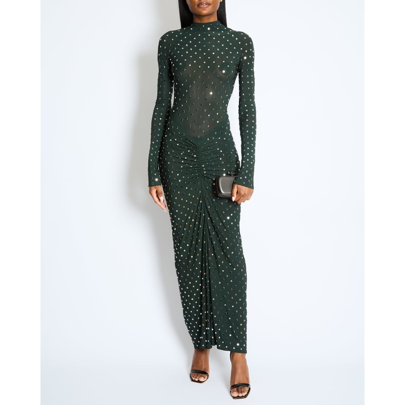 Alaia Dark Green Draped Maxi Dress with Silver Embellishments Size FR 36 (UK 8) RRP 2,900