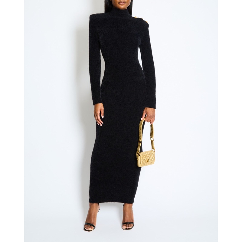 Balmain Black Open-Back Knitted Maxi Dress with Button Detail Size FR 36 (UK 8) RRP 2,225