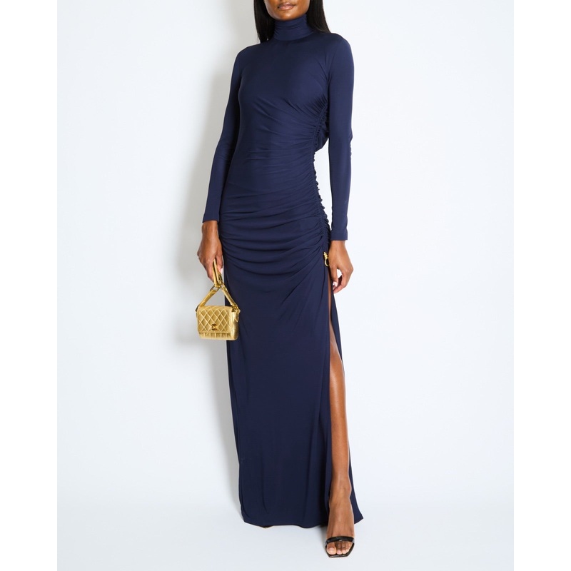 Bottega Veneta Navy Draped Maxi Dress with Side Ruching and Gold Knot Detail Size IT 36 (UK 4) RRP 1,880