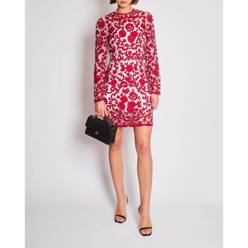 Dolce & Gabbana Red and White Crochet Long Sleeved Mini Dress Size IT 42 (UK 10)