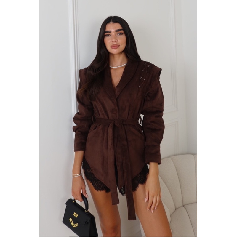 FRANCESCA CHOCOLATE FAUX SUEDE WRAP JACKET